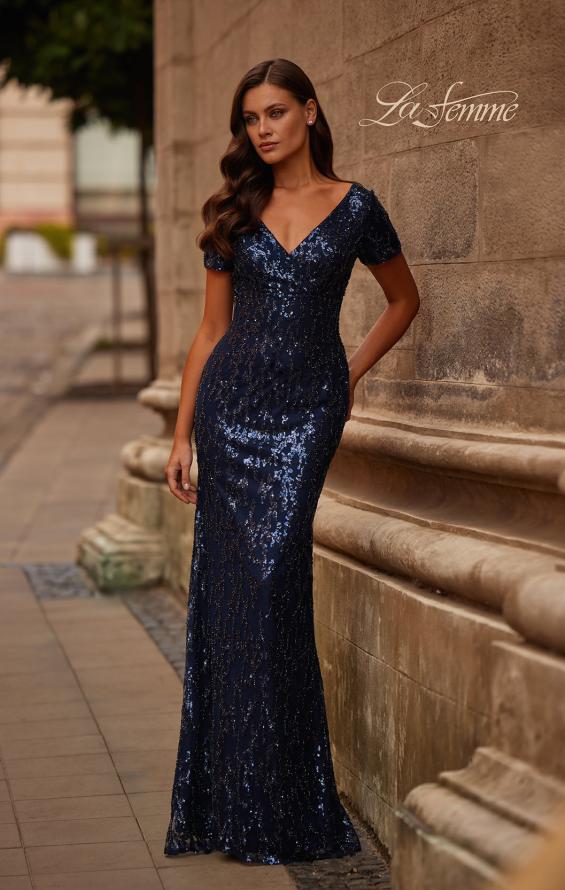 Picture of: Empire Waist Evening Dress with Print Sequin Design in Navy, Style: 31787, Main Picture