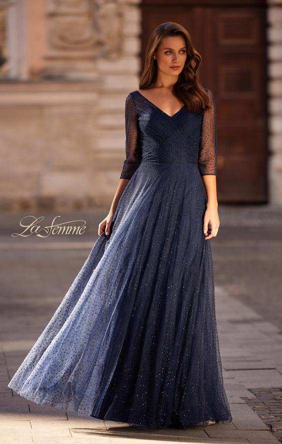 Picture of: Rhinestone Tulle Gown with Full Skirt and Ruched Bodice in Navy, Style: 32460, Main Picture