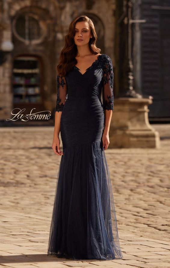 Picture of: Tulle Evening Gown with Trumpet Skirt and Lace Illusion Sleeves in Navy, Style: 32610, Main Picture