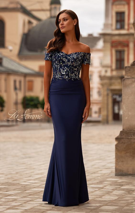 Picture of: Off the Shoulder Jersey Gown with Floral Sequin Top in Navy, Style: 32739, Main Picture