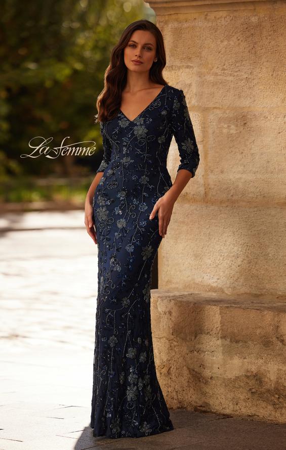 Picture of: Stunning Beaded Stretch Net Jersey Gown in Navy, Style: 33092, Main Picture