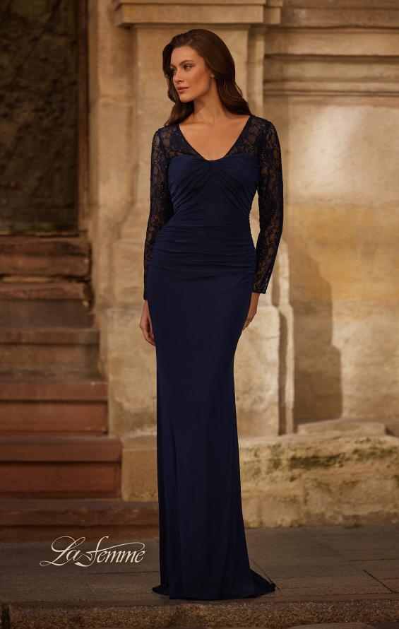 Picture of: Long Sleeve Evening Dress with Ruching and Lace Details in Navy, Style: 33121, Main Picture