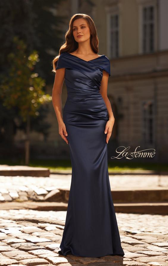 Picture of: Off the Shoulder Stretch Satin Ruched Evening Gown in Navy, Style: 33128, Main Picture