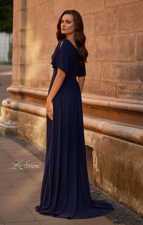 Picture of: Flattering Net Jersey Long Dress with Ruffle Sleeve in Navy, Style: 30009, Back Picture