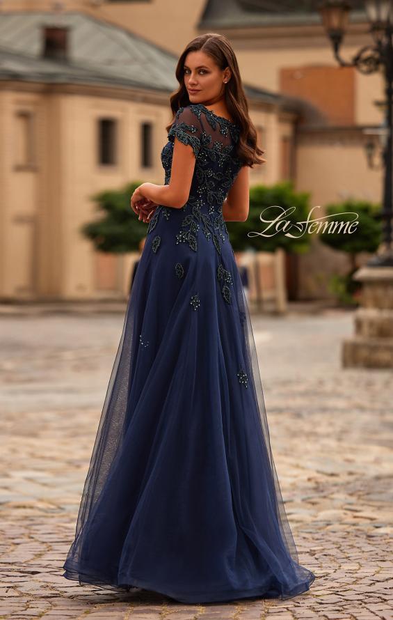 Picture of: Gorgeous Gown with Beaded Lace Applique in Navy, Style: 31692, Back Picture