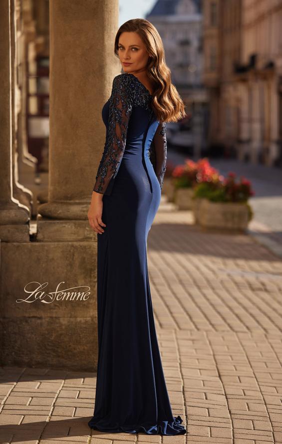 Picture of: Elegant Evening Jersey Dress with Illusion Lace Sleeves in Navy, Style: 32609, Back Picture