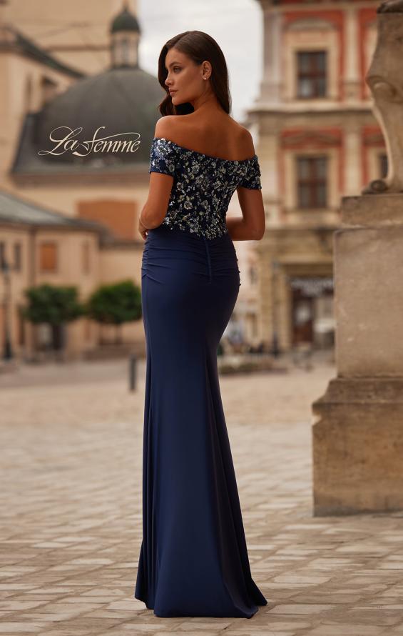 Picture of: Off the Shoulder Jersey Gown with Floral Sequin Top in Navy, Style: 32739, Back Picture