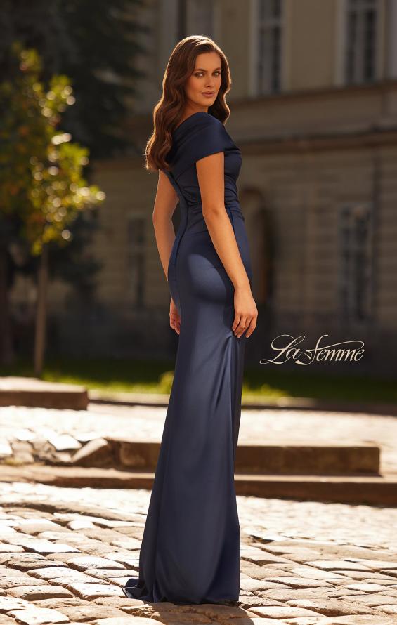 Picture of: Off the Shoulder Stretch Satin Ruched Evening Gown in Navy, Style: 33128, Back Picture