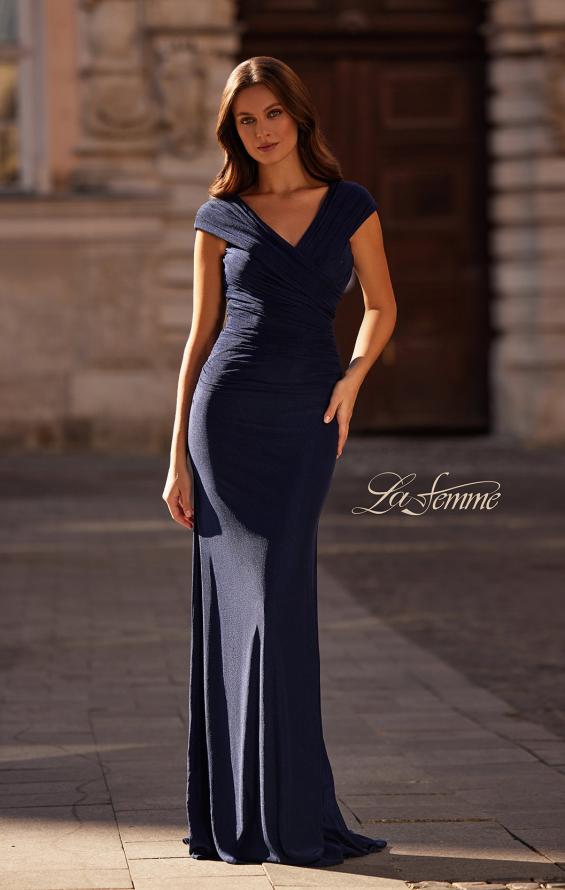 Picture of: Off the Shoulder Ruched Net Jersey Evening Dress in Navy, Style: 29558, Detail Picture 1