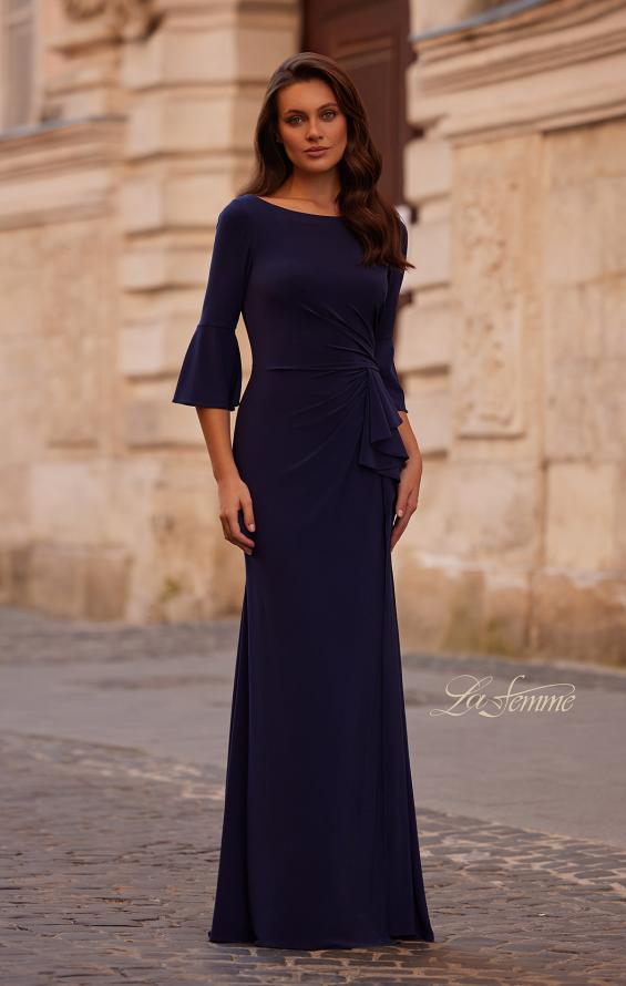 Picture of: Simple Evening Dress with Three Quarter Bell Sleeve and High Neckline in Navy, Style: 29999, Detail Picture 1