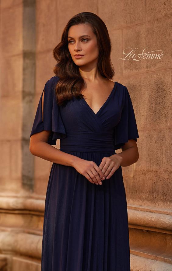 Picture of: Flattering Net Jersey Long Dress with Ruffle Sleeve in Navy, Style: 30009, Detail Picture 1