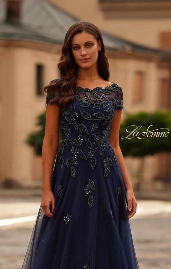 Picture of: Gorgeous Gown with Beaded Lace Applique in Navy, Style: 31692, Detail Picture 1