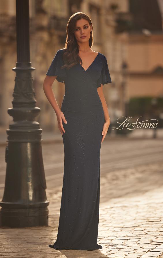 Picture of: Flutter Sleeve Rhinestone Embellished Evening Dress in Navy, Style: 32495, Detail Picture 1