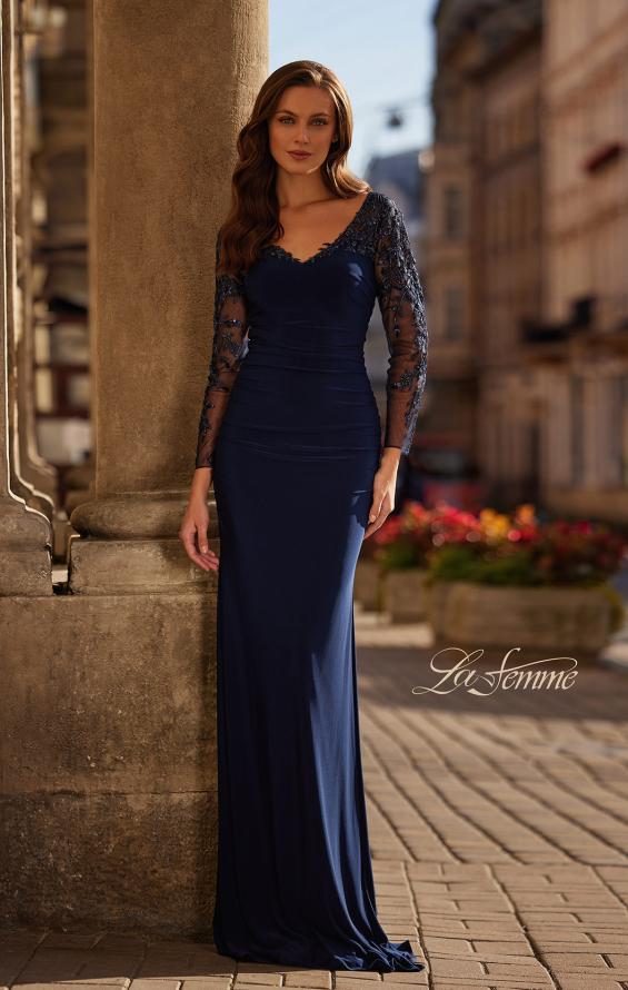 Picture of: Elegant Evening Jersey Dress with Illusion Lace Sleeves in Navy, Style: 32609, Detail Picture 1