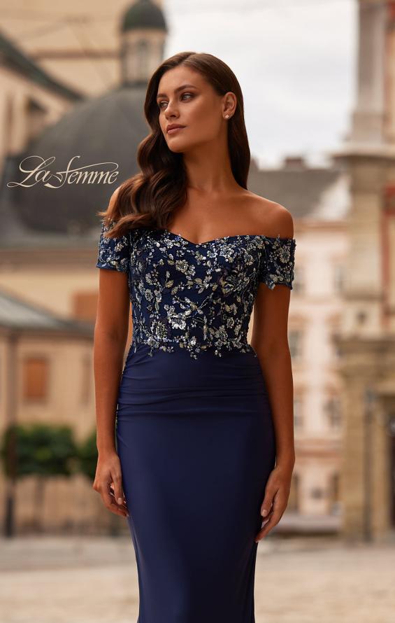 Picture of: Off the Shoulder Jersey Gown with Floral Sequin Top in Navy, Style: 32739, Detail Picture 1