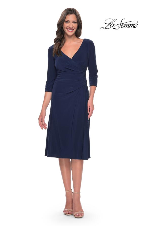 Picture of: Chic Tea Length Jersey Dress with Ruching in Navy, Style: 30069, Detail Picture 5