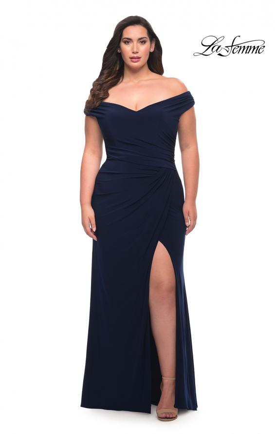 Picture of: Matte Jersey Long Plus Dress with Ruching and Slit in Navy, Style: 29663, Detail Picture 14