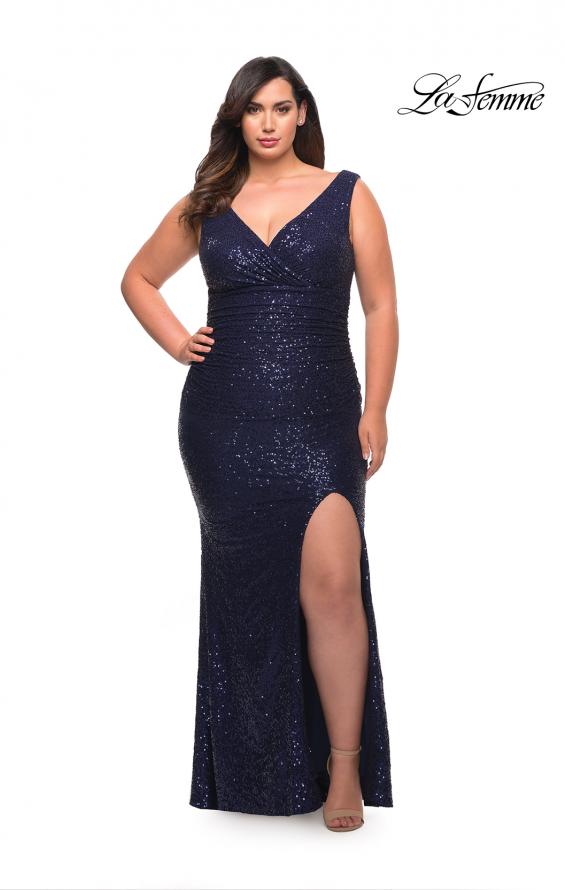 Picture of: Stretch Sequin Plus Size Gown with Slit and V Neck in Navy, Style: 30307, Detail Picture 2