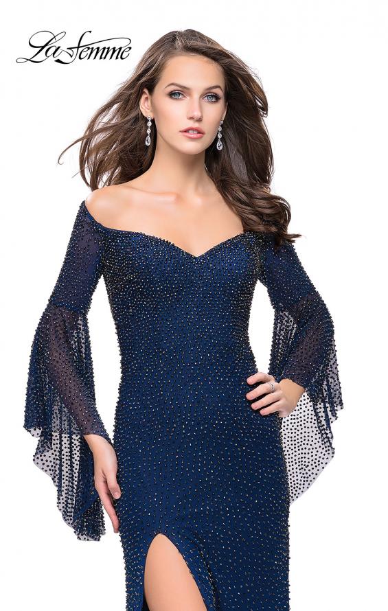 Picture of: Beaded Prom Dress with 3/4 Bell Sleeves and Leg Slit in Navy, Style: 25717, Main Picture