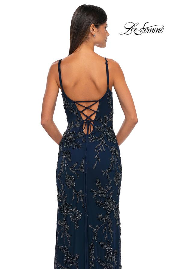 Picture of: Beautiful Beaded Evening Gown with V Neckline and Open Back in Navy, Style: 33054, Detail Picture 8