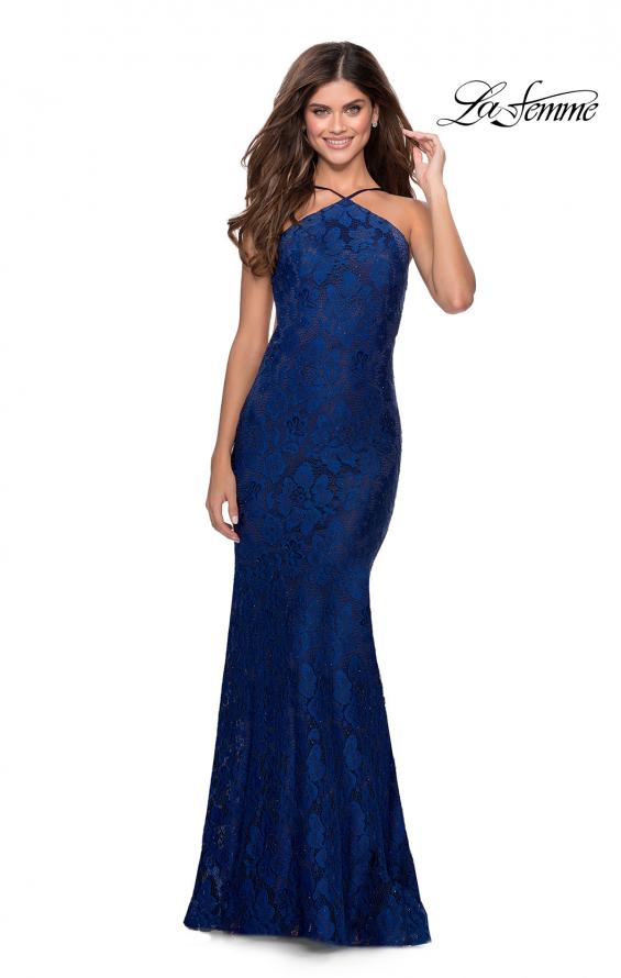 Picture of: Open Back Jersey Prom Dress with High Neckline in Navy, Style: 28619, Detail Picture 1