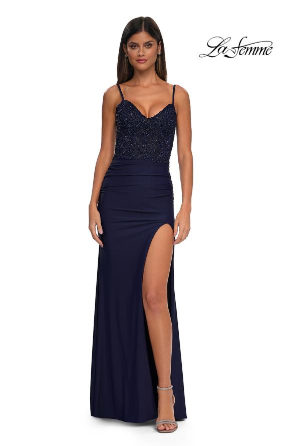 Picture of: Illusion Lace Top Prom Dress with Ruched Jersey Skirt in Navy, Style: 32803, Detail Picture 1