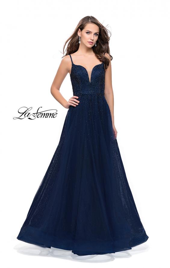 Picture of: A-line Dress with Rhinestones and Tulle Skirt in Navy, Style: 25636, Detail Picture 2