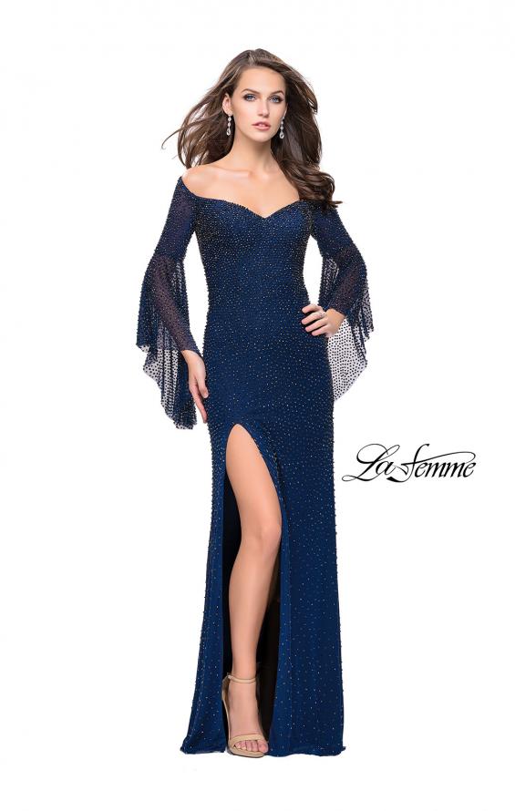Picture of: Beaded Prom Dress with 3/4 Bell Sleeves and Leg Slit in Navy, Style: 25717, Detail Picture 2