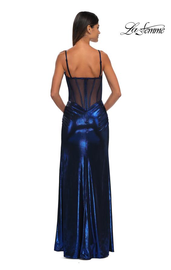 Picture of: Metallic Jersey Fitted Dress with Corset Top and Sheer Back in Navy, Style: 32526, Detail Picture 2