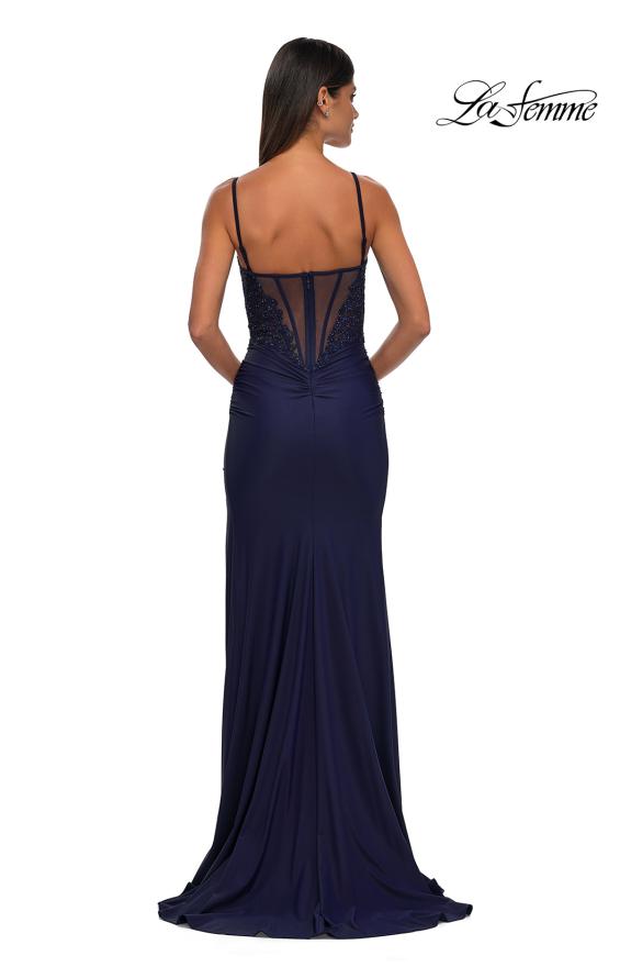 Picture of: Illusion Lace Top Prom Dress with Ruched Jersey Skirt in Navy, Style: 32803, Detail Picture 2