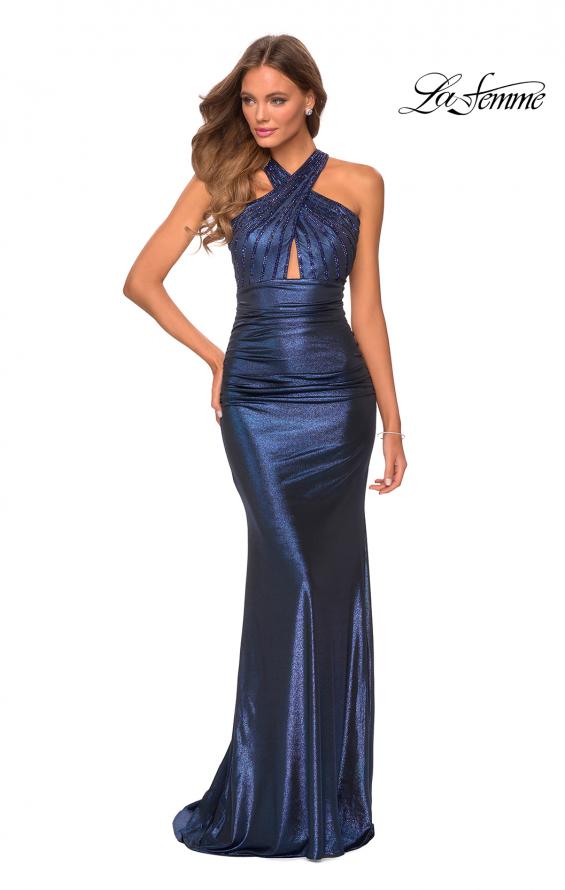 Picture of: Metallic Criss Cross Jersey Dress with Rhinestones in Navy, Style: 28745, Detail Picture 4