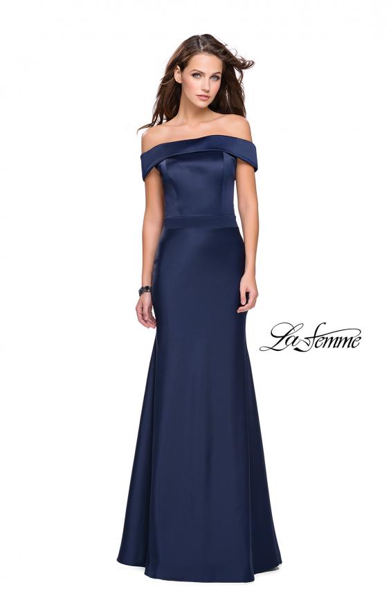 Picture of: Satin Off the Shoulder Dress with Trumpet Silhouette in Navy, Style: 25579, Detail Picture 5