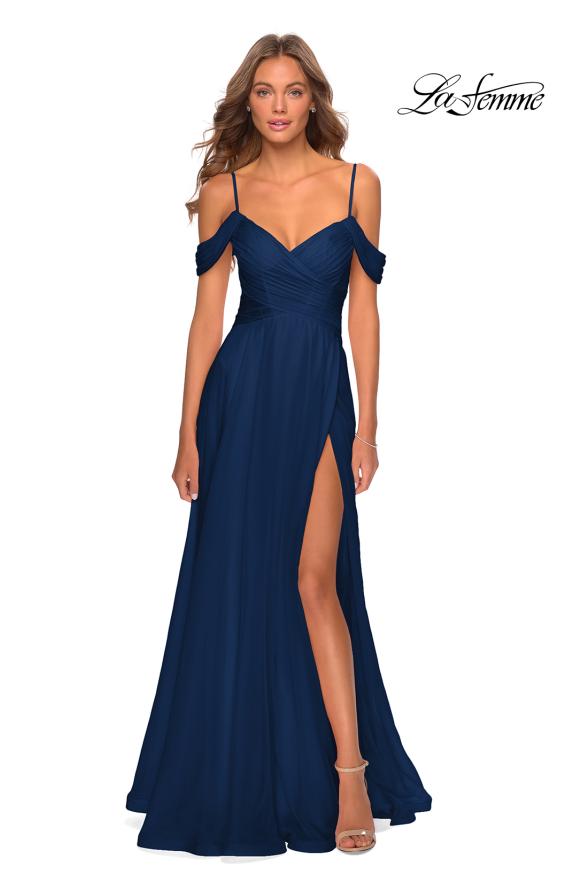 Picture of: Off the Shoulder Chiffon Dress with Scoop Back in Navy, Style: 28942, Detail Picture 5