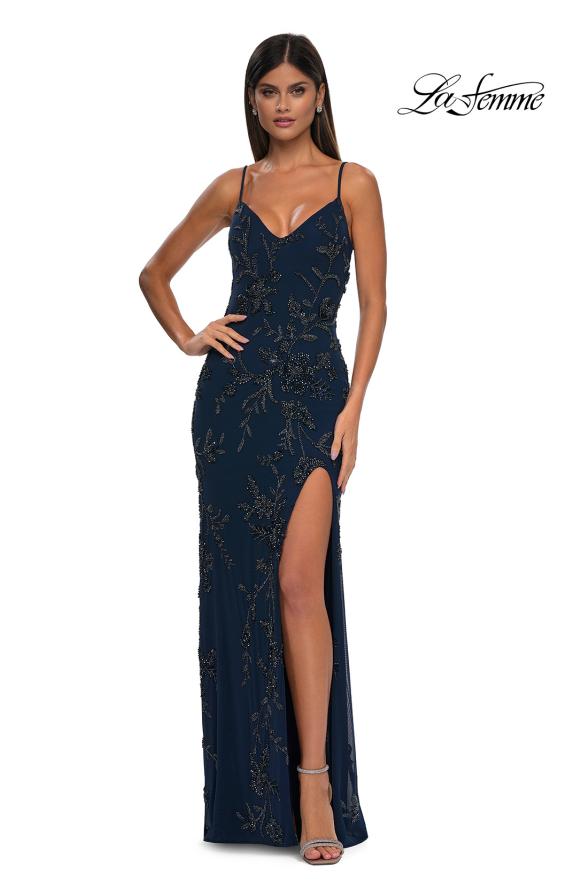 Picture of: Beautiful Beaded Evening Gown with V Neckline and Open Back in Navy, Style: 33054, Detail Picture 5