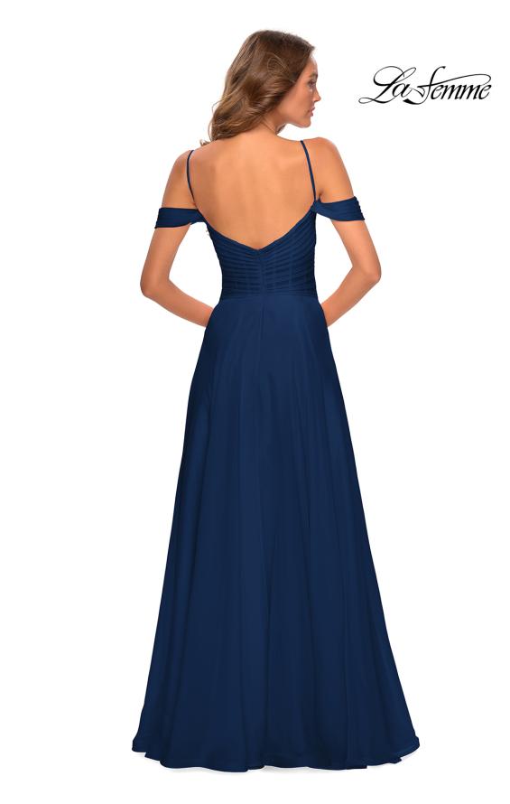 Picture of: Off the Shoulder Chiffon Dress with Scoop Back in Navy, Style: 28942, Detail Picture 6