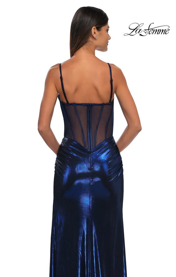 Picture of: Metallic Jersey Fitted Dress with Corset Top and Sheer Back in Navy, Style: 32526, Detail Picture 6