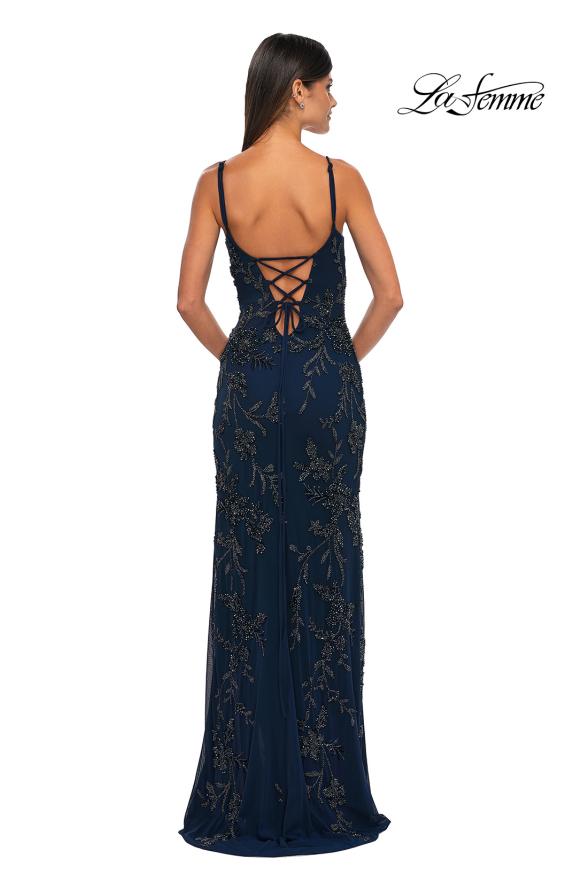 Picture of: Beautiful Beaded Evening Gown with V Neckline and Open Back in Navy, Style: 33054, Detail Picture 6