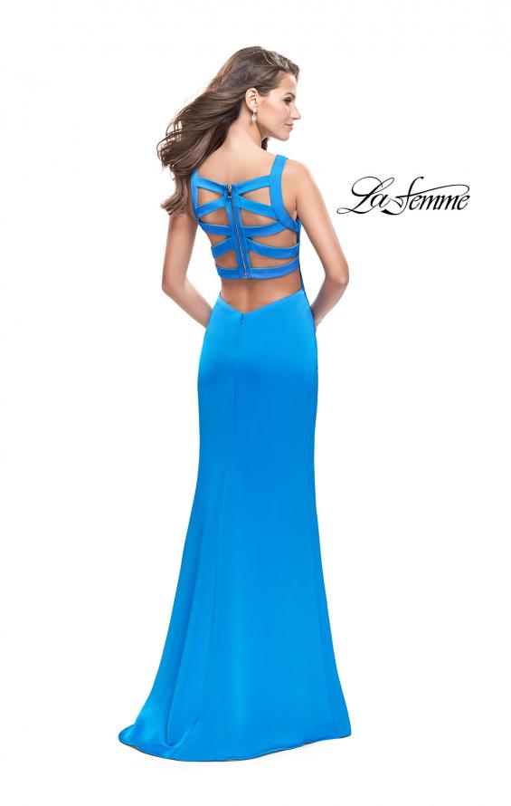 Picture of: Long Satin prom Dress with Plunging Neckline and Slit in Ocean Blue, Style: 26235, Detail Picture 3