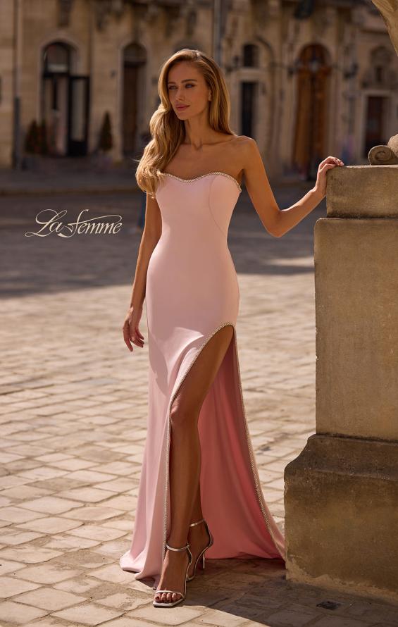 Picture of: Fitted Strapless Dress with Rhinestone Embellished Neckline and Slit in Orchid Pink, Style 32799, Main Picture