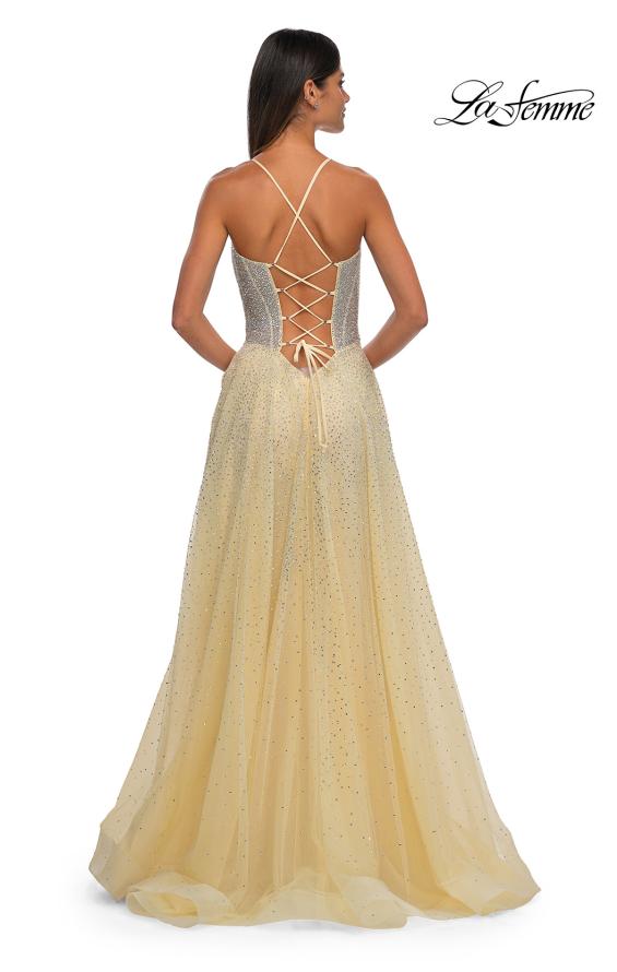 Picture of: Prom Gown with Rhinestone Tulle and Illusion Corset Bodice in Pale Yellow, Style: 32725, Detail Picture 8