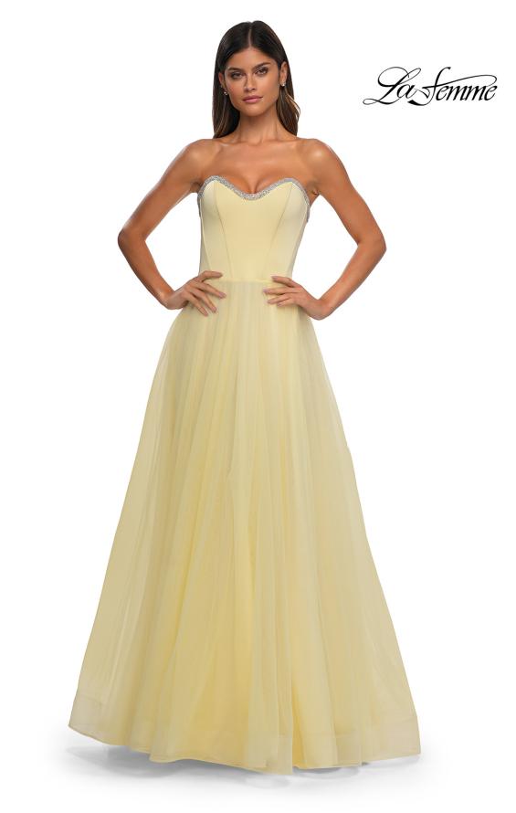 Picture of: A-line Tulle Dress with Satin Top and Rhinestone Neckline in Pale Yellow, Style: 32731, Detail Picture 8