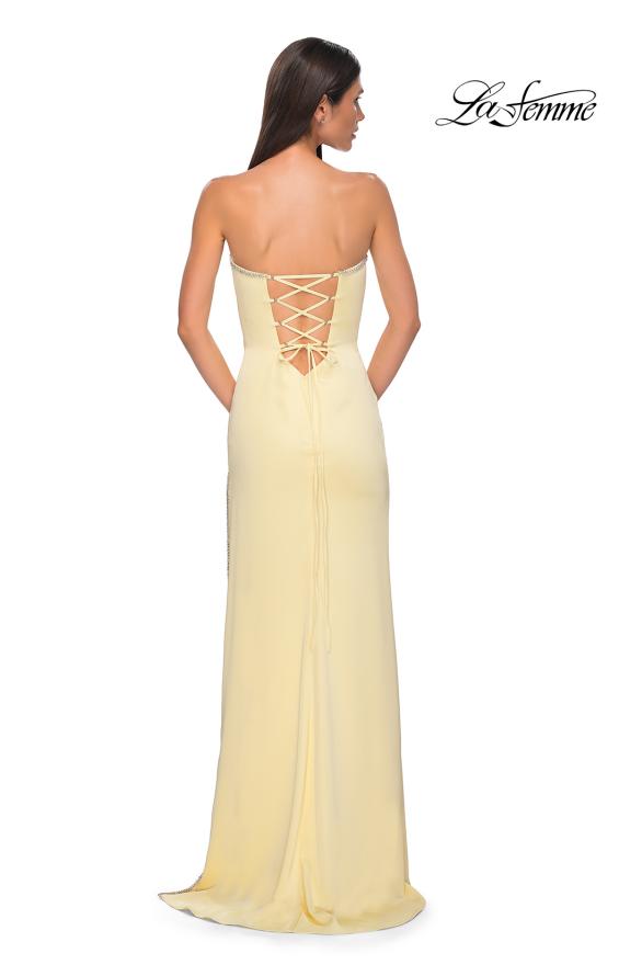 Picture of: Fitted Strapless Dress with Rhinestone Embellished Neckline and Slit in Pale Yellow, Style 32799, Detail Picture 8