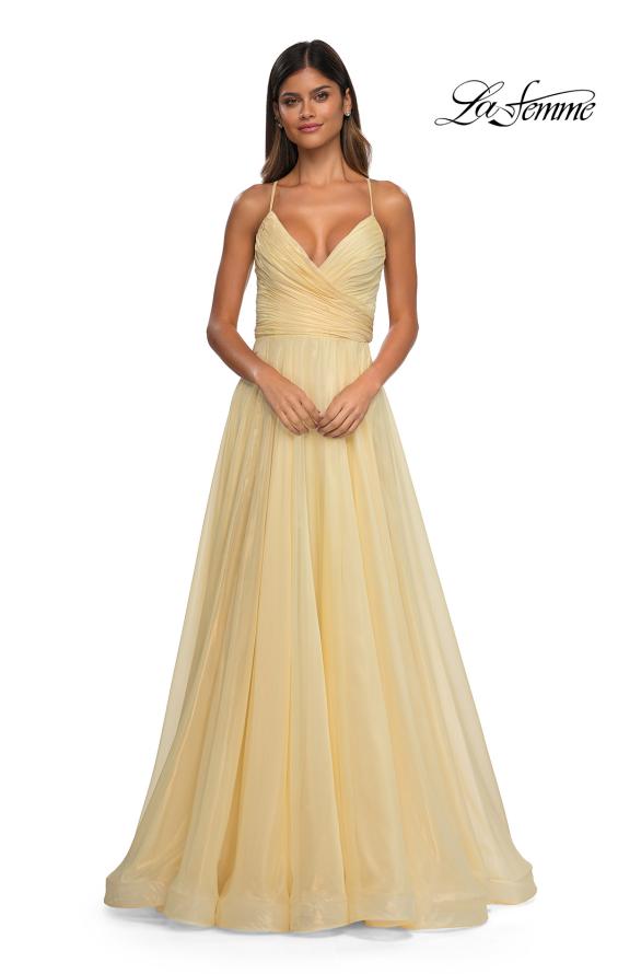 Picture of: Metallic Chiffon Prom Dress with Flowing Skirt and High Slit in Pale Yellow, Style: 33043, Detail Picture 8