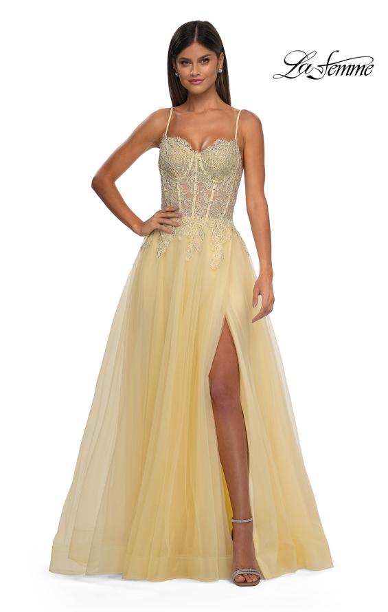 Picture of: Lace and Tulle A-line Prom Dress with High Slit in Pale Yellow, Style: 32646, Detail Picture 9