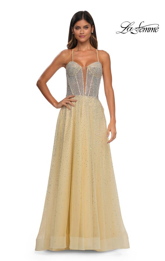 Picture of: Prom Gown with Rhinestone Tulle and Illusion Corset Bodice in Pale Yellow, Style: 32725, Detail Picture 9