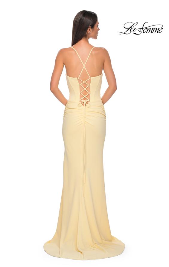 Picture of: Ruched Long Jersey Dress with Draped Rhinestone Neckline in Pale Yellow, Style 32802, Detail Picture 10