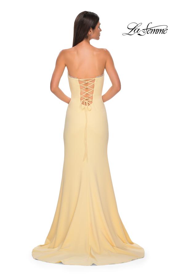 Picture of: Jersey Strapless Dress with Sweetheart Rhinestone Lined Neckline in Pale Yellow, Style 32829, Detail Picture 10