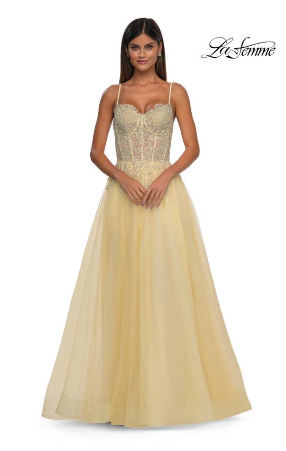 Picture of: Lace and Tulle A-line Prom Dress with High Slit in Pale Yellow, Style: 32646, Detail Picture 11