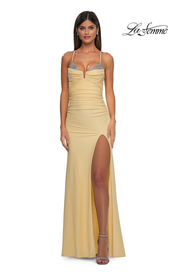 Picture of: Open Back Prom Dress with Rhinestone Detail Neckline in Pale Yellow, Style: 32851, Detail Picture 11