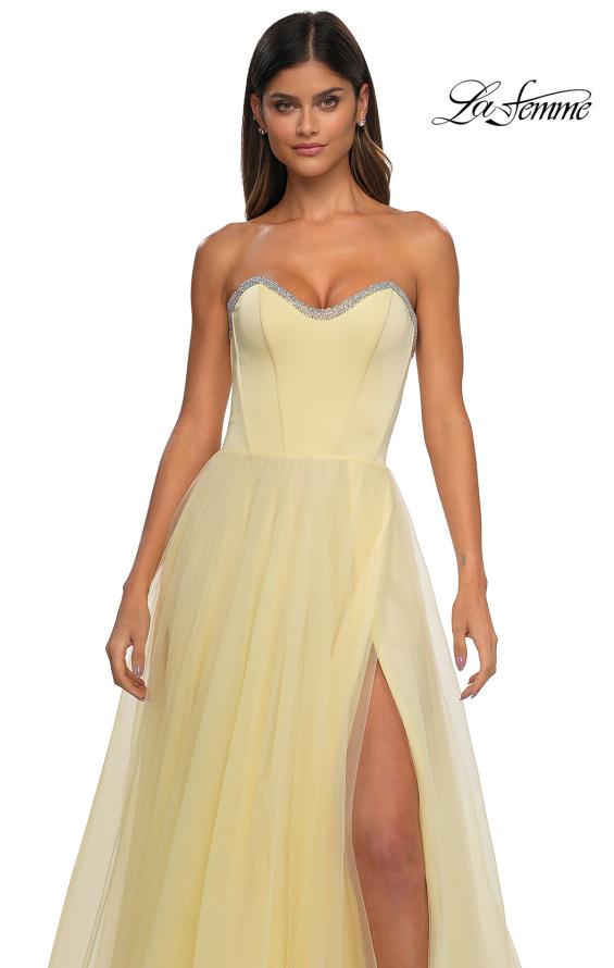 Picture of: A-line Tulle Dress with Satin Top and Rhinestone Neckline in Pale Yellow, Style: 32731, Detail Picture 12